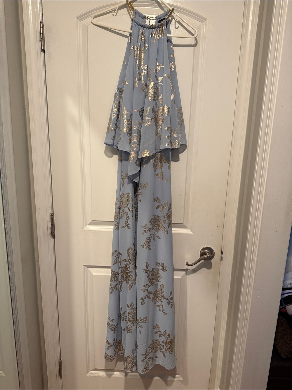 Light Blue Floral Halter Dress with Gold Accents